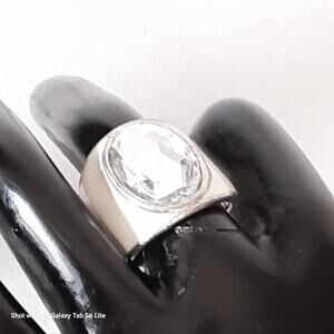 Jumbo Ring Solitary Clear Stone Bezel Set On White Painted Enamel